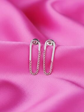 925 Silver Safety-Pin Chain Drop Earrings - Modern Women's Jewelry